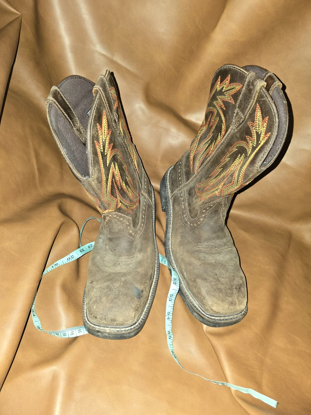 Men's 8.5 Brown Western Work Boots with Embroidered Flame Detail
